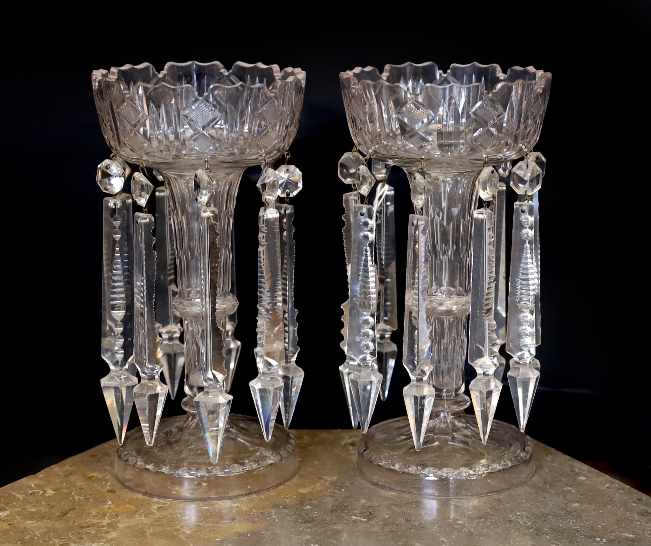 A pair of late Victorian Bohemian cut glass lustres with spear shaped drops, height 28cm